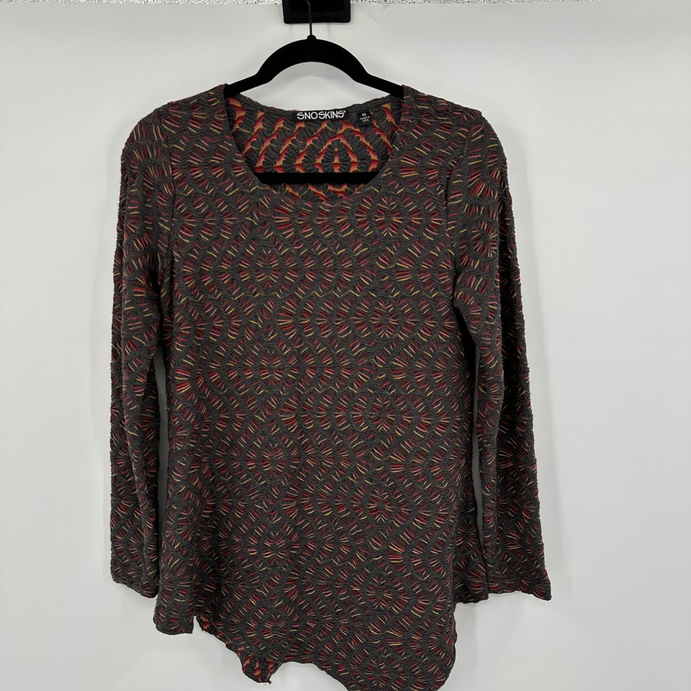 SnoSkins Geometric Print Long Sleeve Tunic Top Women's‎ Size M Gray Red Yellow